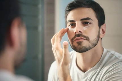 A man putting cream under his eyes.