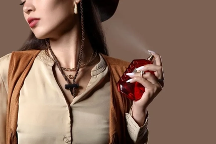 Image A woman sprays perfume on her neck in a darkened room.