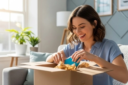 Woman unboxing surprise box.