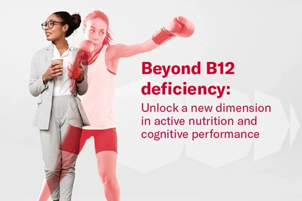 Image Professional woman holding coffee overlaps with female boxer in motion, illustrating energy, B12 deficiency, and cognitive performance messaging.