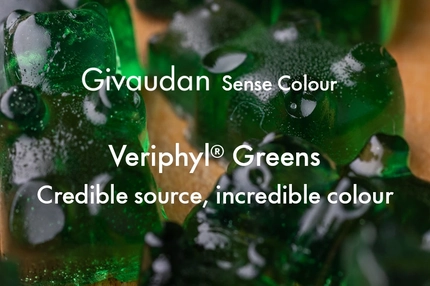 Technical paper graphic showing green gummy candies with sugar coating, overlaid text “Givaudan Sense Colour Veriphyl® Greens – credible source, incredible colour”