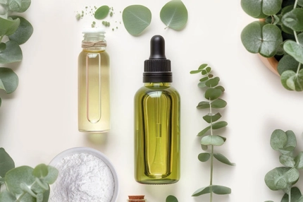 Natural skincare oils in glass bottles with dropper, surrounded by eucalyptus leaves and white powder on a clean neutral background