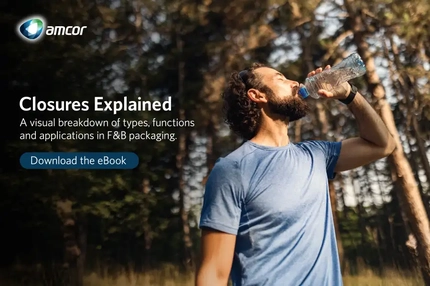 Image Amcor eBook banner showing a man drinking bottled water with text on caps and closures in food and beverage packaging