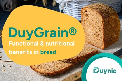 Image DuyGrain functional nutrition bread with sliced whole grain loaf and Duyvis branding on a teal and yellow product banner