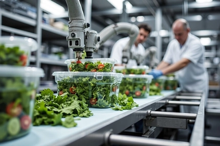 Image Machines pack salad into plastic containers for shipping on an assembly line.