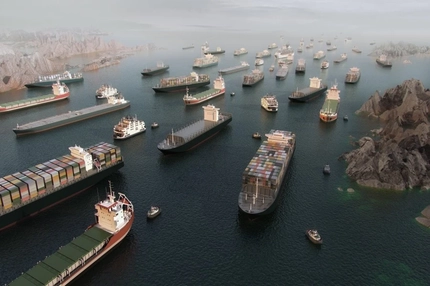 Cargo vessels congestion blocking maritime traffic in the Strait of Hormuz.