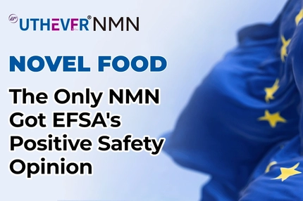Image Promotional graphic stating “NOVEL FOOD” and “The only NMN got EFSA's positive safety opinion,” with a European Union flag in the background and UTHEVER NMN branding.