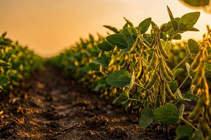 Green soybean plants growing in agricultural land.