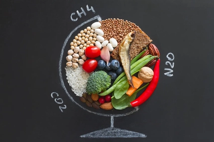 Image Food products good for health and planet, globe abstraction with greenhouse gases on chalkboard, planetary health diet concept