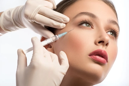 Image A woman looking to the side and getting an injection in her face.