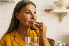 An older woman taking a pill.