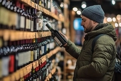 a man in a jacket and cap looking at a wine bottle inside supermarket