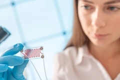 scientist looks at organ on chip, holding it up