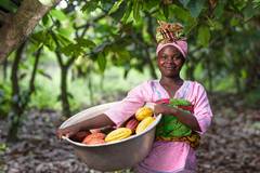 Cocoa farmer holding a basket of cocoa fruit.