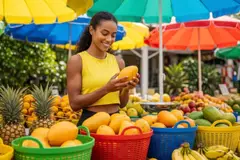 Vibrant Marketplace Action Woman Examines Fresh Mangos at Colorful Fruit Stand