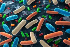 Gut microbiome with plastic polymer particles invading intestinal bacteria