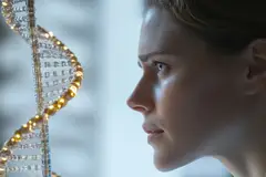 woman looking at holographic DNA strand