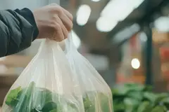A person holding a plastic bag with vegetable