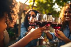 A group of women cheersing with red wine.