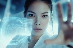 futuristic woman with holographic tools