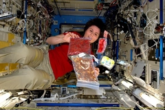 female astronaut inside space station floating with food packets