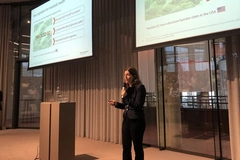 Silvia giving lecture in front of projector screen