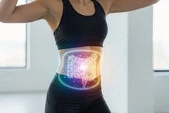 Healthy Gut diagram over, Happy Fit Woman Showcasing Digestive Wellness