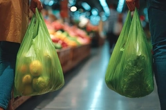 people walking with plastic bags