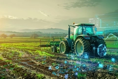 tractor in field with data network symbols