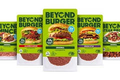 Beyond Meat packaging on supermarket shelf.