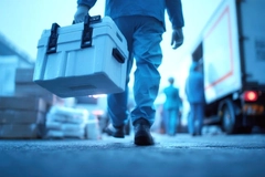 Man carrying vaccines in box.