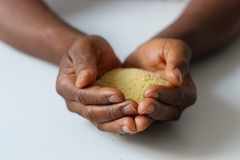 Sudanese woman holding grains of rice