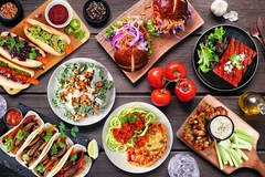 healthy plant based vegetarian food on brown table healthy plant based vegetarian food on brown table