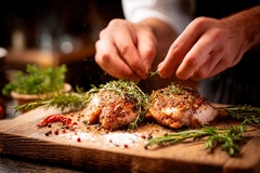 Chef preparing chicken and herbs. Chef preparing chicken and herbs.
