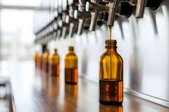 A group of bottles being poured into a row of taps