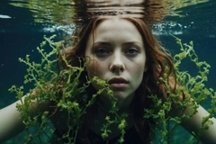 woman floating under water with seaweed