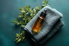 tea tree oil in a bottle on a little towel