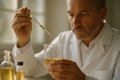 A man dropping a liquid into a beaker to make perfume.