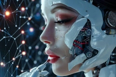 A woman getting her makeup done by a robot.