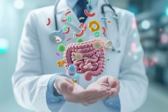 Gut model floats over doctors palms