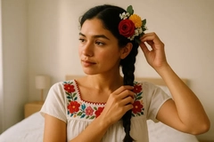 woman wearing traditional clothes with flowers in her hair