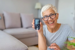 senior women doing blood sugar test at home. senior women doing blood sugar test at home.