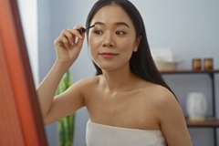 An Asian woman doing her eyebrows. An Asian woman doing her eyebrows.
