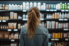 Image A woman standing in front of shelves packed with personal care products.