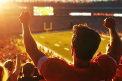 Image A man from behind cheering at a football game.