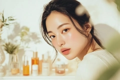 Image A woman looking into the camera with beauty products behind her.