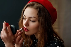 A woman wearing a beret and putting on lipstick.