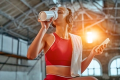 woman using smartphone and listening to music in headphones drinks protein shake while exercising in the fitness room.