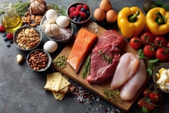 colorful assortment of fresh ingredients on a rustic kitchen countertop, with meat, dairy products and fresh veggies