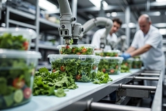 fresh salad production in lab with two men in aprons